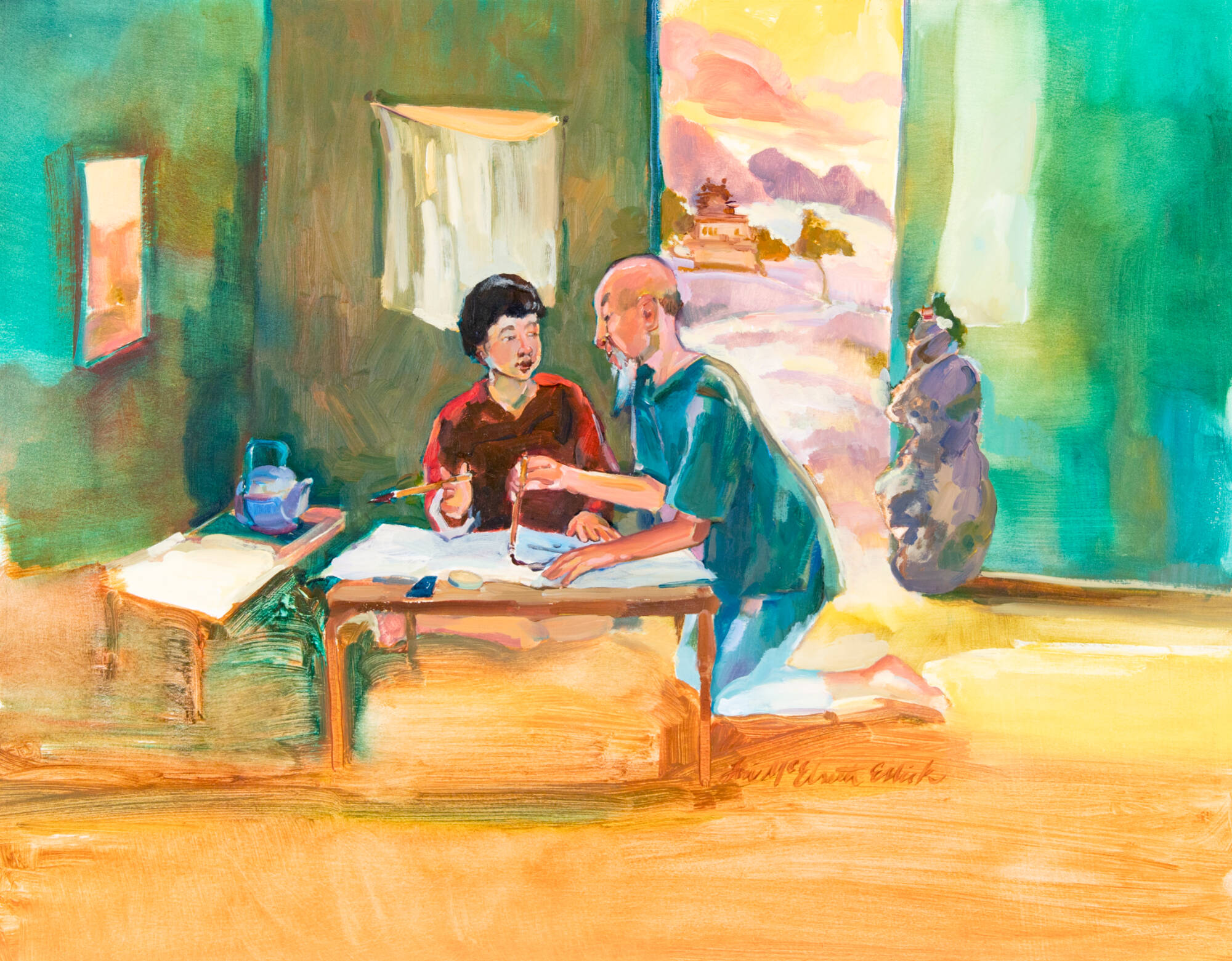 Two people, one older, kneeling at a table, learning calligraphy, in a room with green walls.